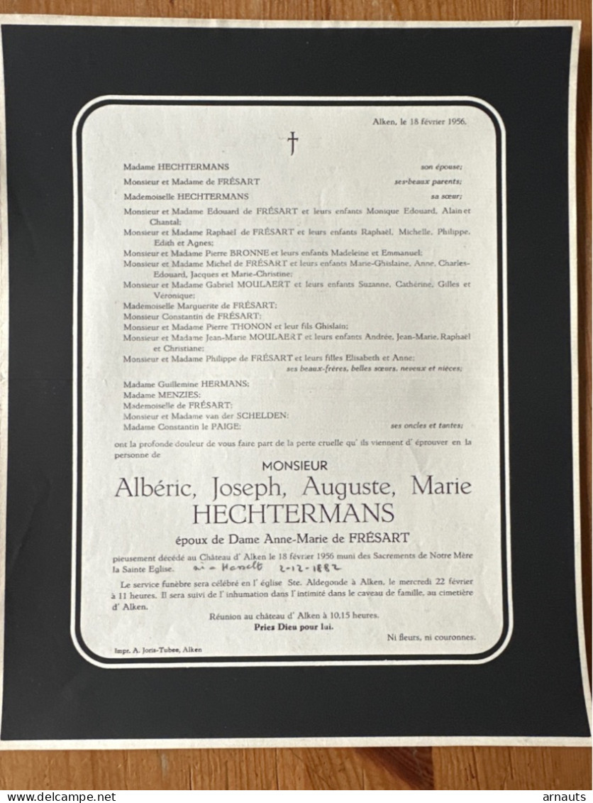 Alberic Hechtermans Epoux De Fresart Anne-Marie *1882 Hasselt +1956 Chateau D’Alken Moulaert Thonon Le Paige Menzies Van - Todesanzeige