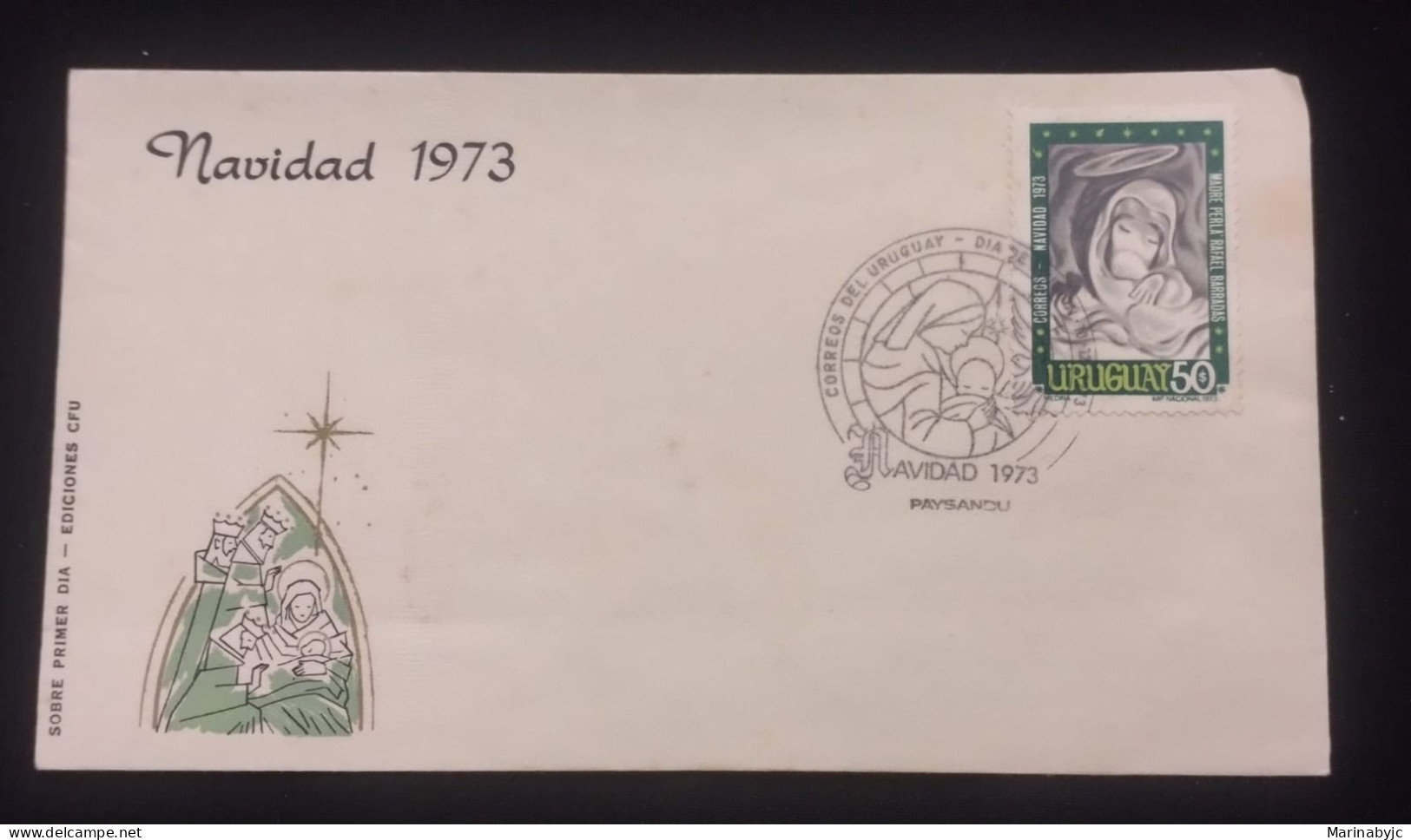 D)1973, URUGUAY, FIRST DAY COVER, ISSUE, CHRISTMAS, "MADONNA, MADRE PERLA, RAFAEL PÉREZ BARRADAS, FDC - Uruguay