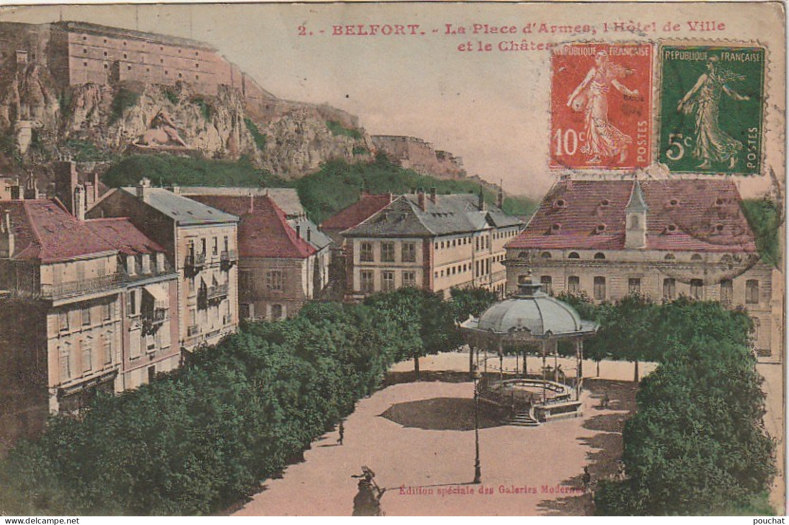 VE 15-(90) BELFORT - LA PLACE D' ARMES , L' HOTEL DE VILLE ET LE CHATEAU - CARTE COLORISEE - 2 SCANS - Belfort - Città