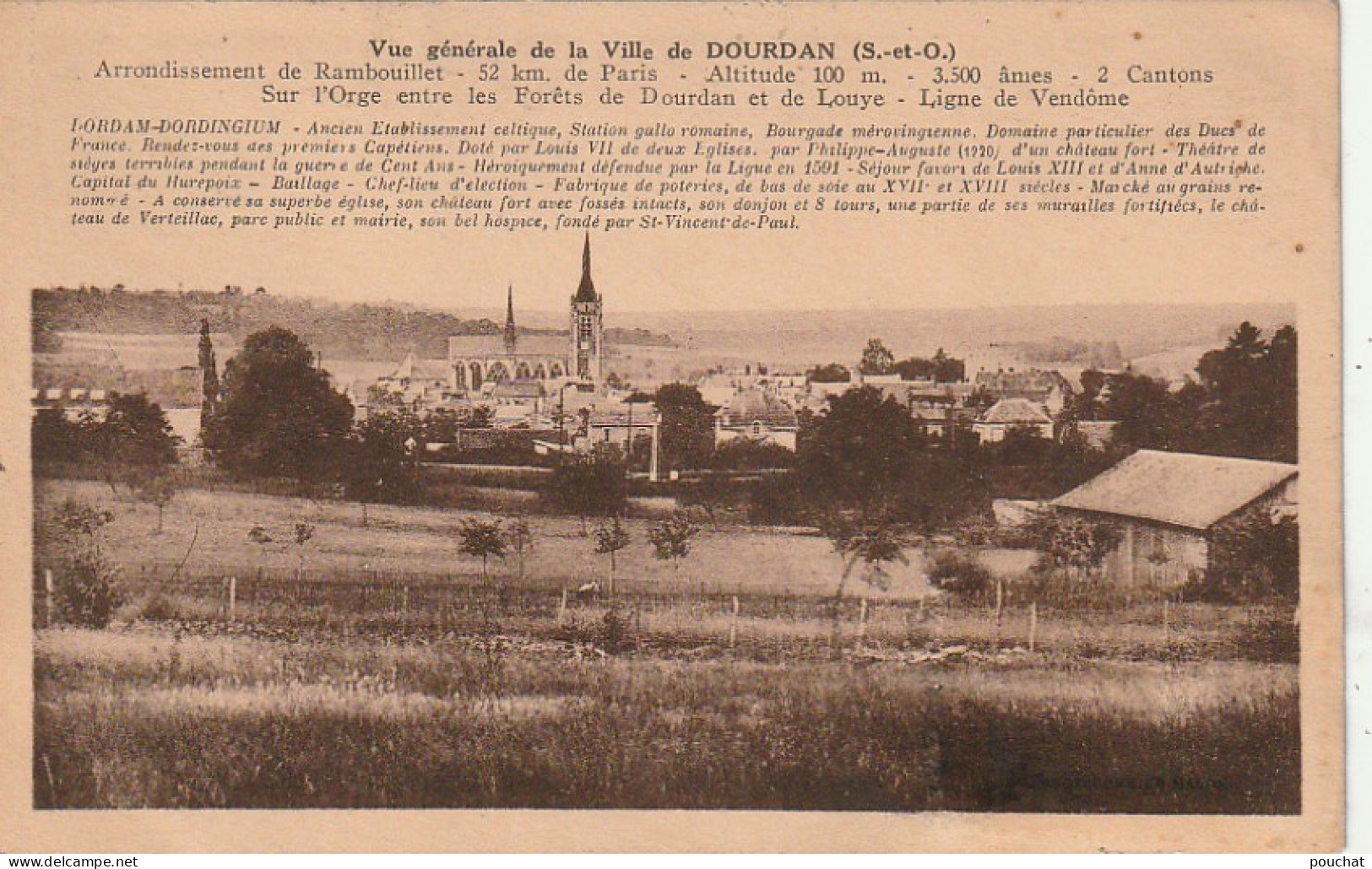 VE 16-(91) VUE GENERALE DE LA VILLE DE DOURDAN - LOCALISATION - HISTORIQUE - 2 SCANS - Dourdan