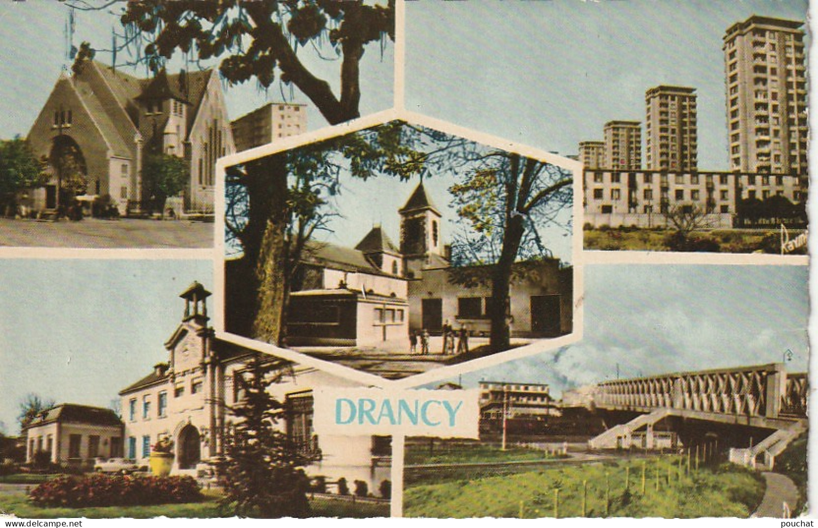 VE 18-(93) DRANCY - CARTE MULTIVUES COULEURS : EGLISE , GRATTE CIEL , MAIRIE , PONT DU CHEMIN DE FER  - 2 SCANS - Drancy