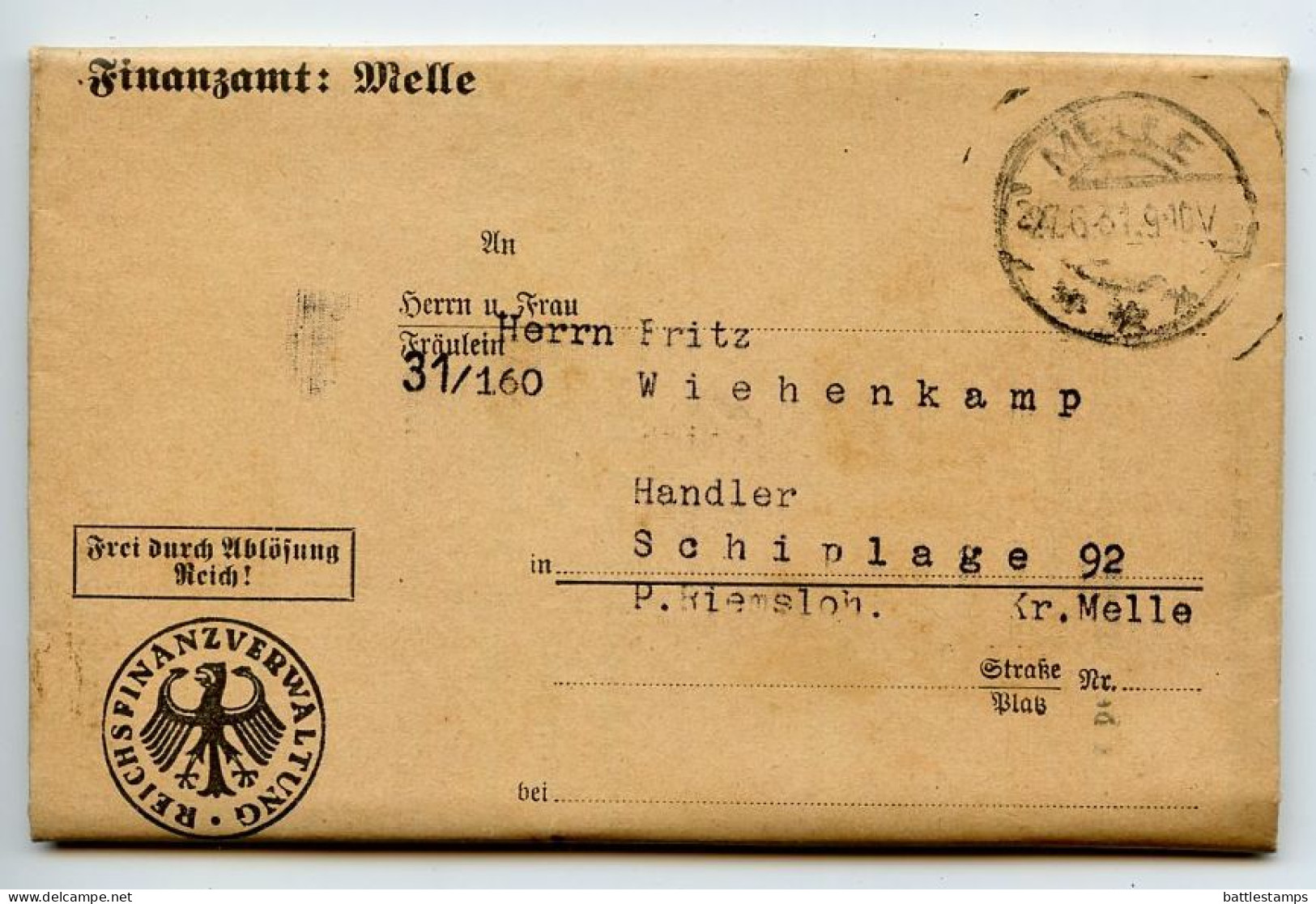 Germany 1931 Official Folded Document Cover; Melle - Finanzamt (Tax Office); Income & Sales Tax Notices - Covers & Documents