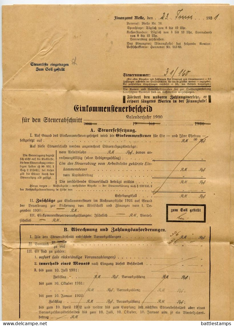 Germany 1931 Official Folded Document Cover; Melle - Finanzamt (Tax Office); Income & Sales Tax Notices - Briefe U. Dokumente