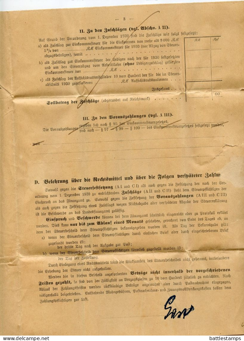 Germany 1931 Official Folded Document Cover; Melle - Finanzamt (Tax Office); Income & Sales Tax Notices - Covers & Documents