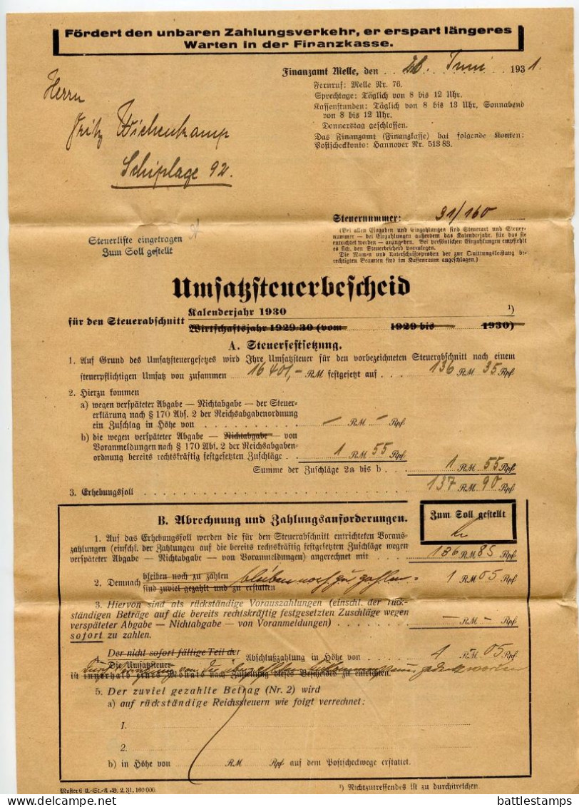 Germany 1931 Official Folded Document Cover; Melle - Finanzamt (Tax Office); Income & Sales Tax Notices