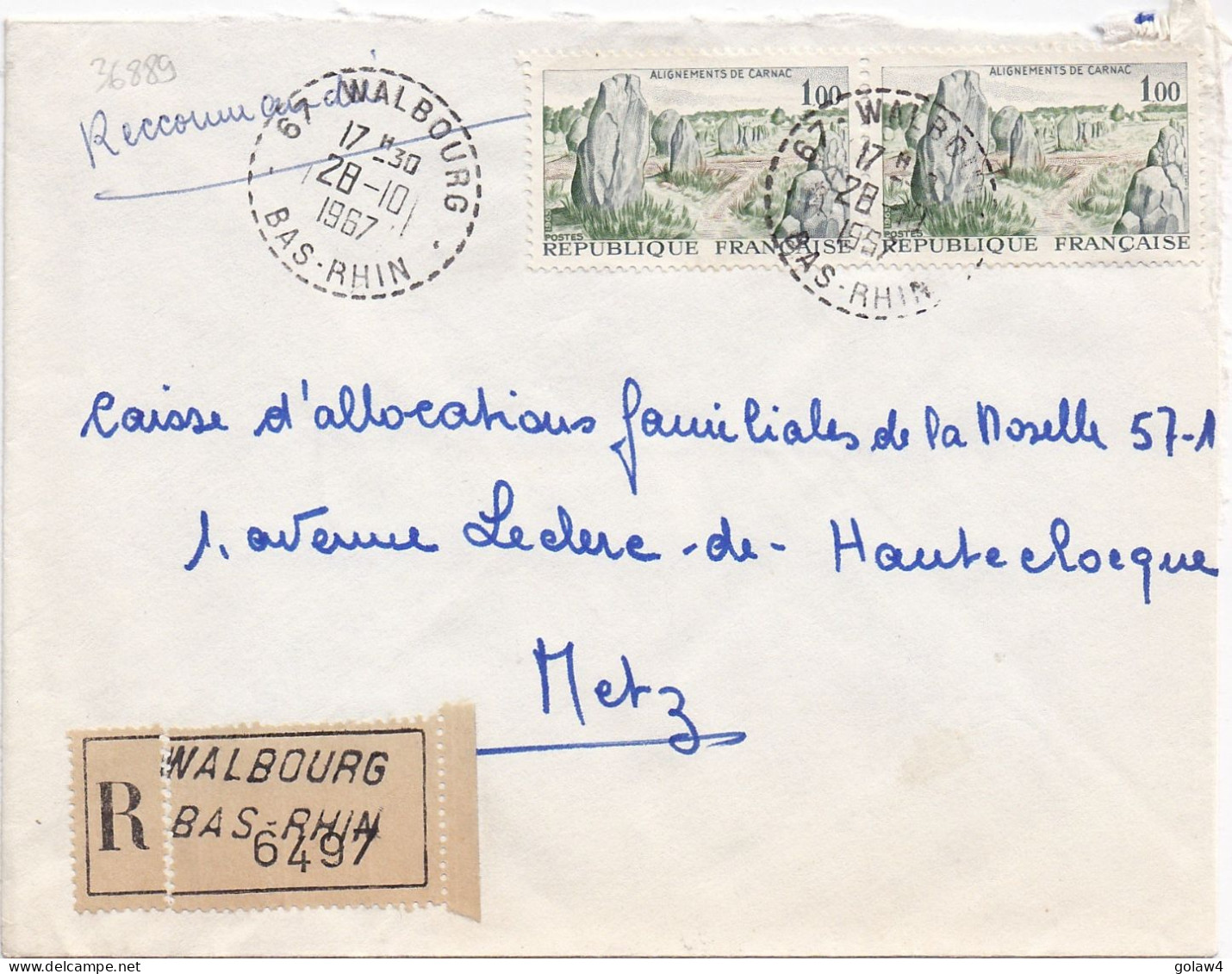 36889# LETTRE FRANCHISE POSTALE PARTIELLE RECOMMANDE Obl 67 WALBOURG BAS RHIN 1967 METZ MOSELLE - 1961-....