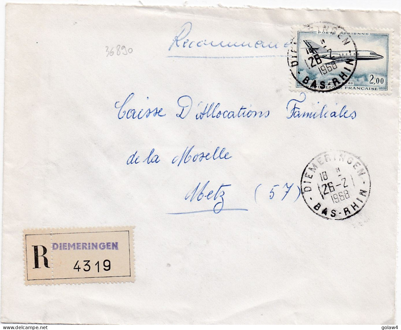 36890# LETTRE FRANCHISE POSTALE PARTIELLE RECOMMANDE Obl DIEMERINGEN BAS RHIN 1968 METZ MOSELLE - 1961-....