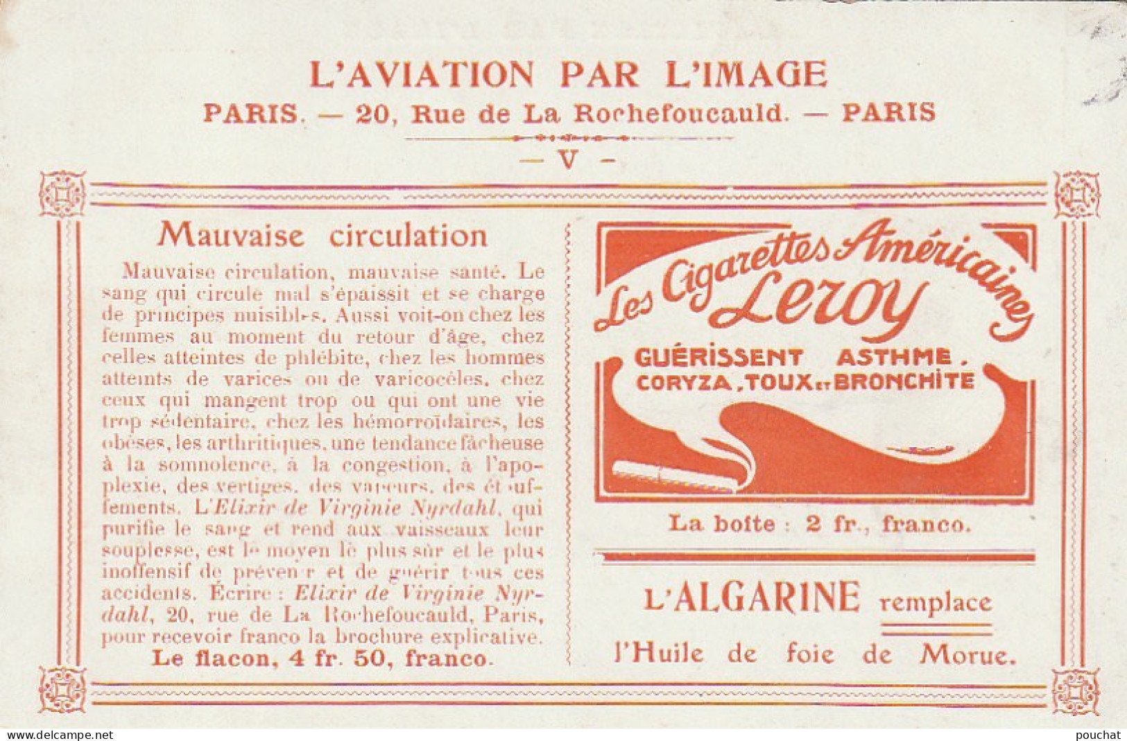 VE 23- LE BIPLAN VOISIN  - L' AVIATION PAR L' IMAGE - CARTE PUBLICITAIRE ELIXIR DE VIRGINIE NYRDAHL , CIGARETTES LEROY - Andere & Zonder Classificatie