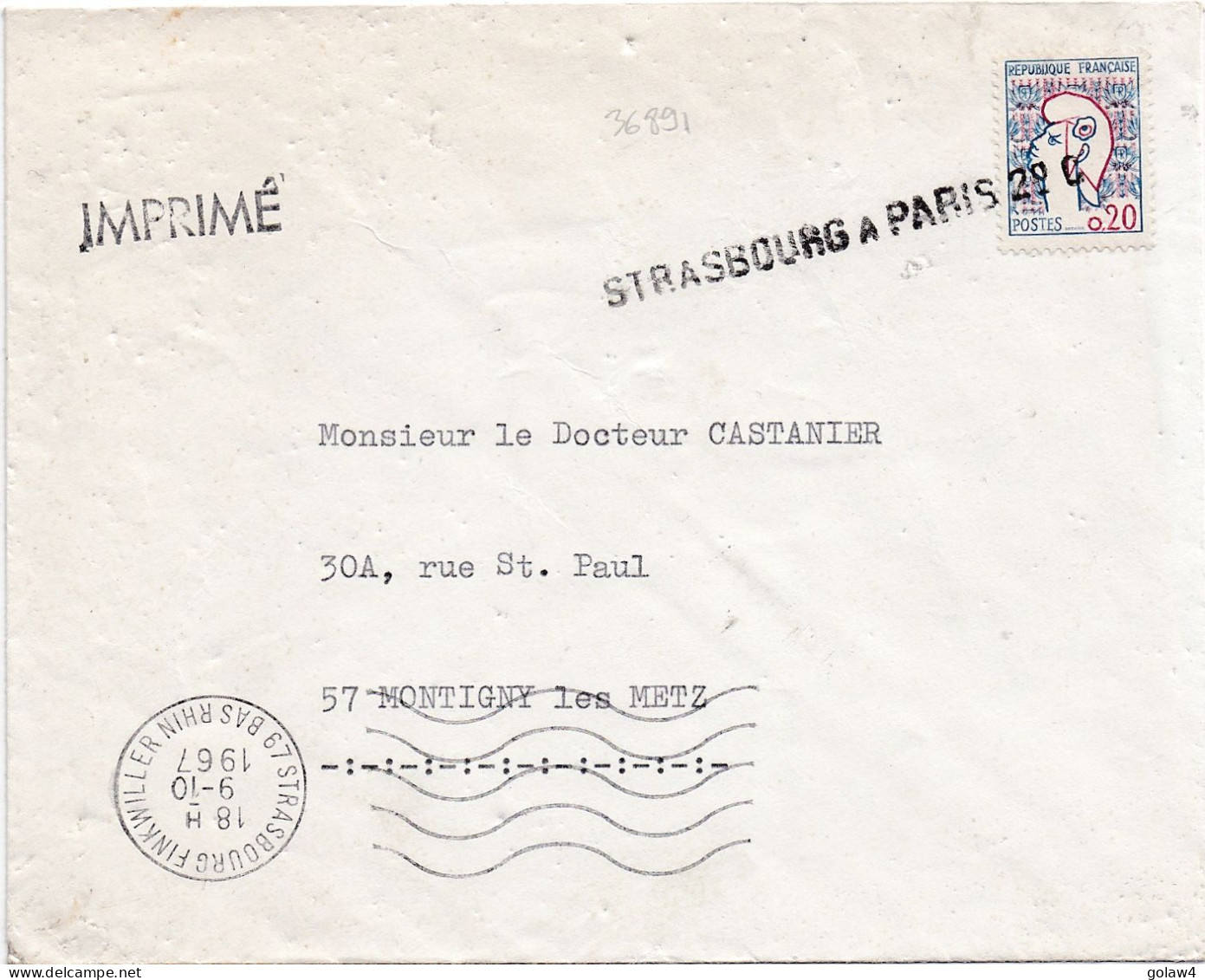 36891# LETTRE TARIF IMPRIME Obl GRIFFE AMBULANT STRASBOURG A PARIS 2° C Départ STRASBOURG FINKWILLER 1967 BAS RHIN METZ - 1961-....