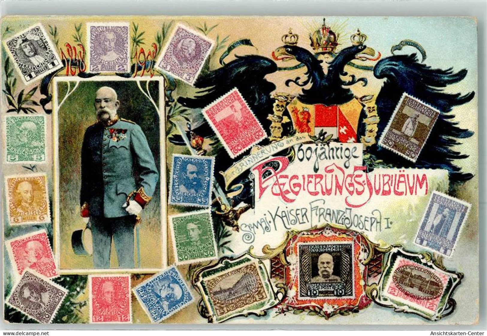 13942306 - 60 Jaehriges Regierungsjubilaeum Briefmarkenabbildungen Wappen Reichsadler - Königshäuser