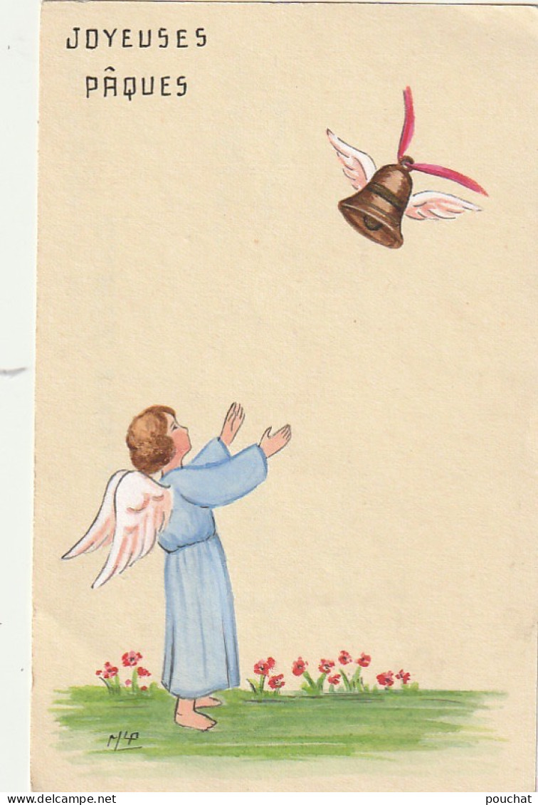 VE 25- " JOYEUSES PAQUES " - ILLUSTRATEUR M.LP ? -  PETIT ANGE , CLOCHE AILEE  - Pasqua