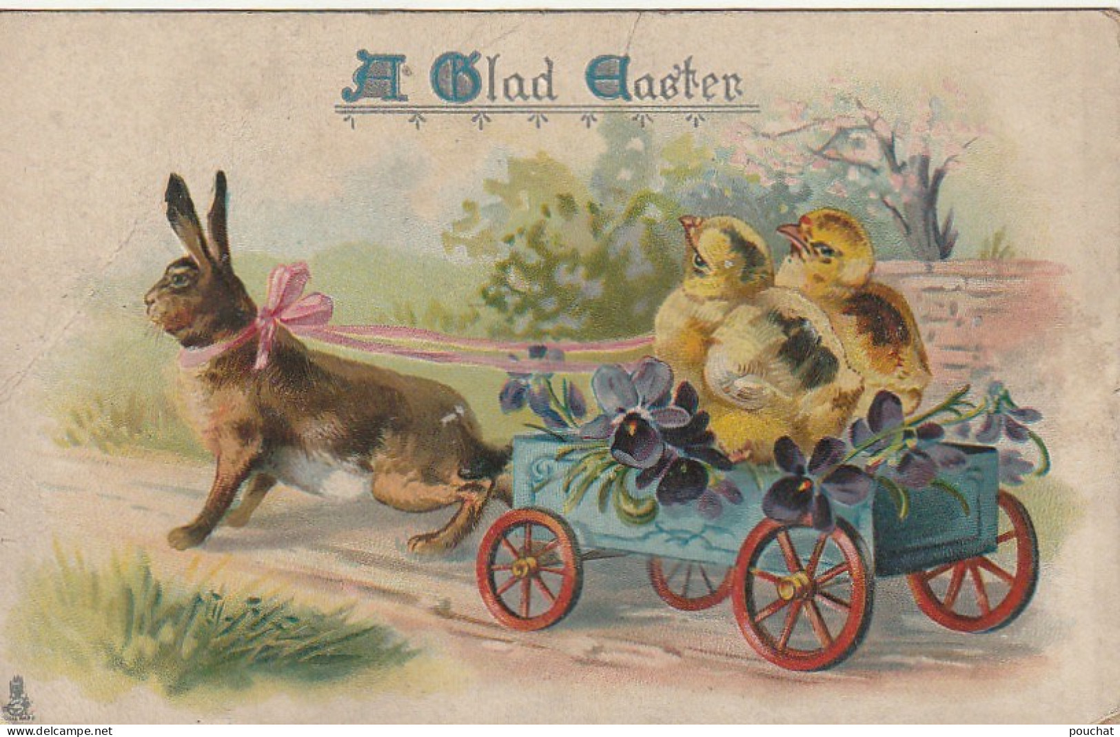 VE 25- " A GLAD EASTER " - CARTE GAUFREE - LAPIN TRACTANT VOITURE CONDUITE PAR  COUPLE DE POUSSINS - EDIT . RAPHAEL TUCK - Pasqua