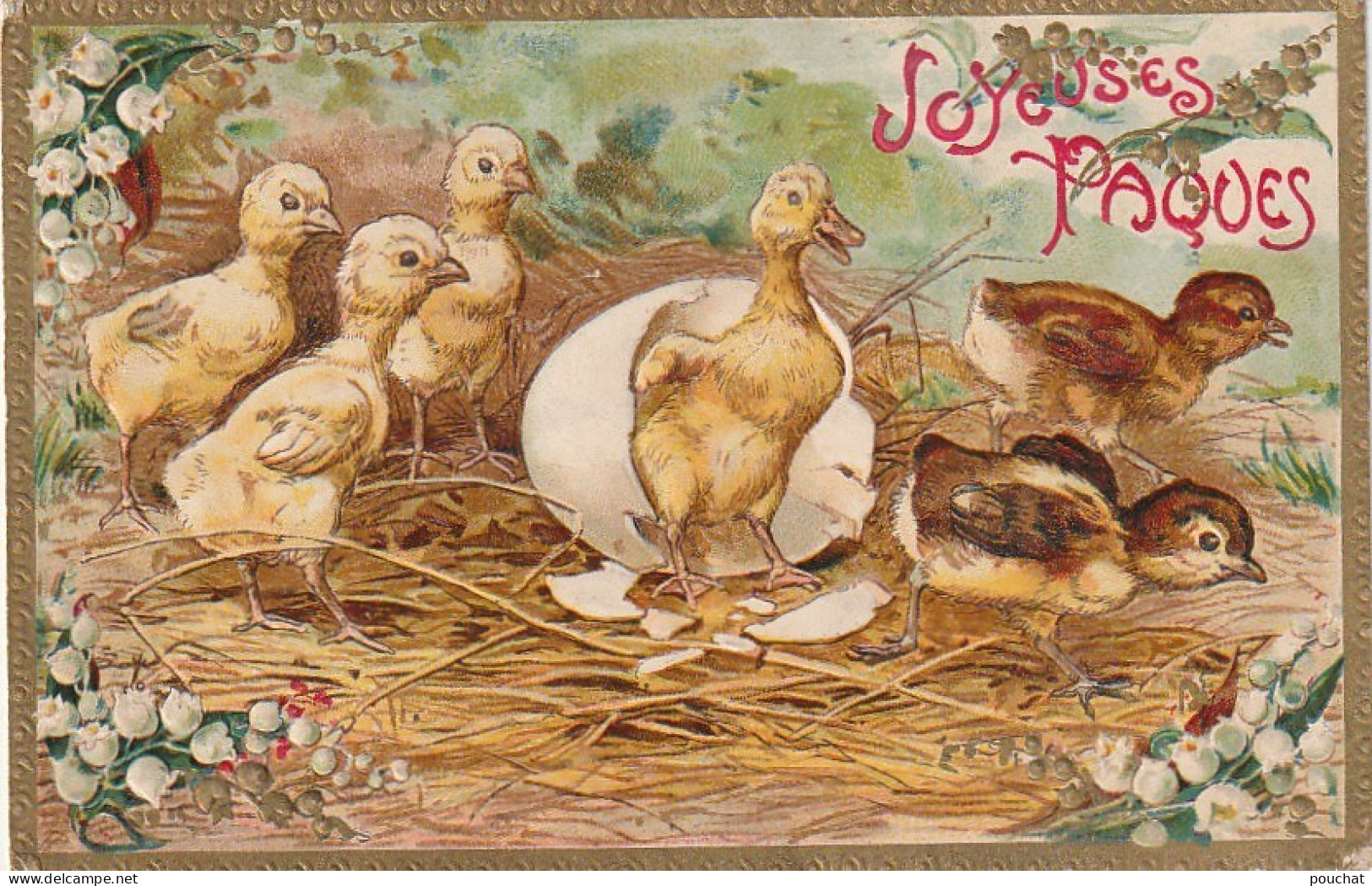 VE 25- " JOYEUSES PAQUES " - CARTE GAUFREE - ECLOSION D' UN CANETON AU MILIEU DE POUSSINS- MUGUET - DORURE  - Pasqua