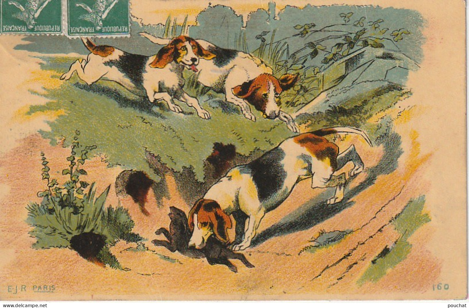 VE 26- CARTE FANTAISIE ILLUSTRATEUR - CHIENS DE CHASSE DEBUSQUANT UN LIEVRE - EDIT . E. J. R , PARIS - 2 SCANS - Chiens