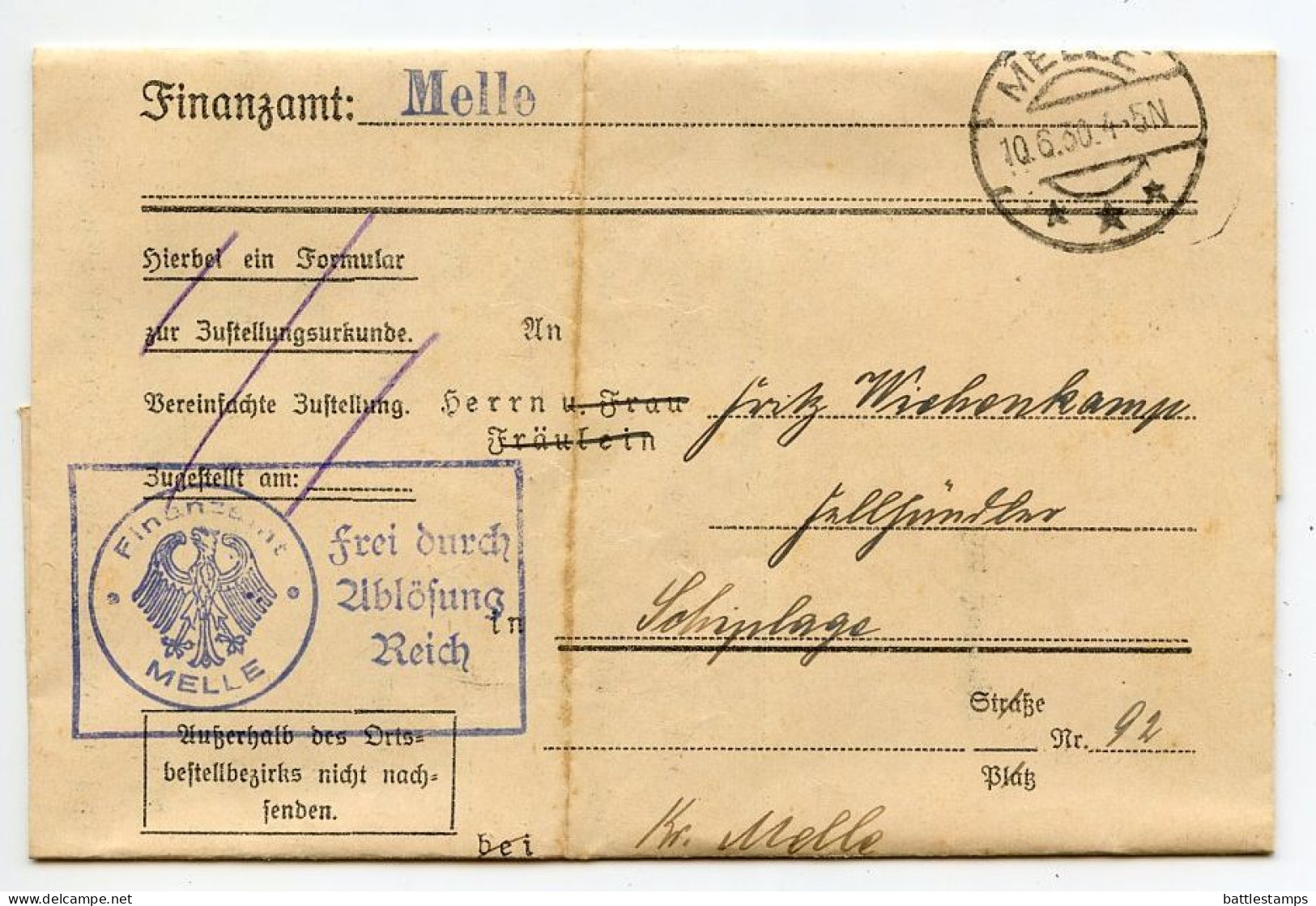 Germany 1930 Official Folded Document Cover; Melle - Finanzamt (Tax Office); Advance Tax Declaration - Briefe U. Dokumente