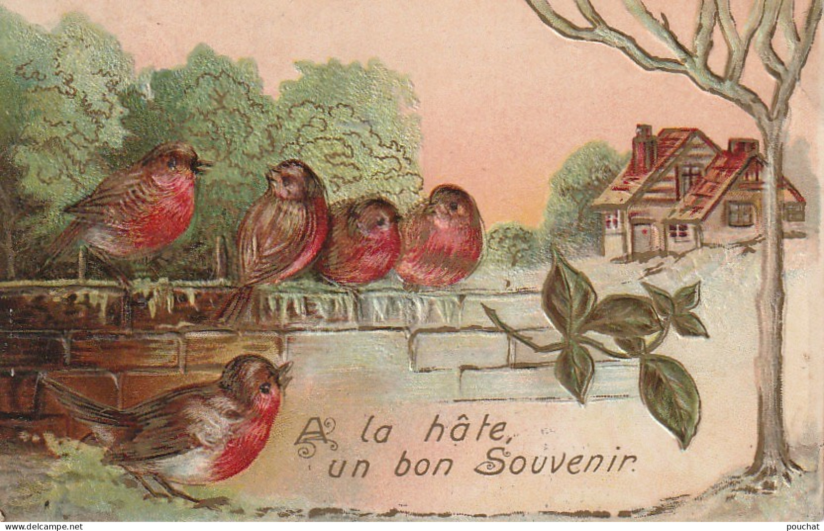 VE 26- " A LA HATE , UN BON SOUVENIR " - OISEAUX ROUGES GORGES  - CARTE GAUFREE - ILLUSTRATEUR - 2 SCANS - Birds