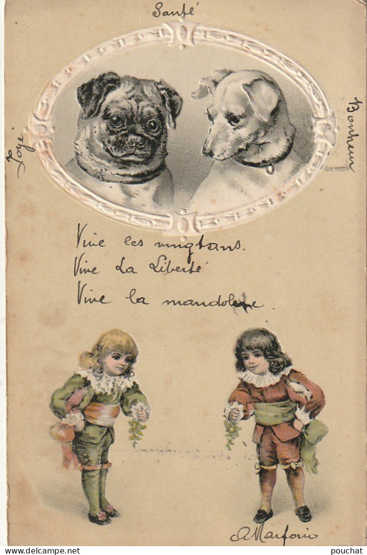 VE 26- CARTE FANTAISIE GAUFREE - TABLEAU AVEC TETES DE CHIENS : CARLIN , JACK RUSSEL -  GARCONNETS - ILLUSTRATEUR  - Autres & Non Classés