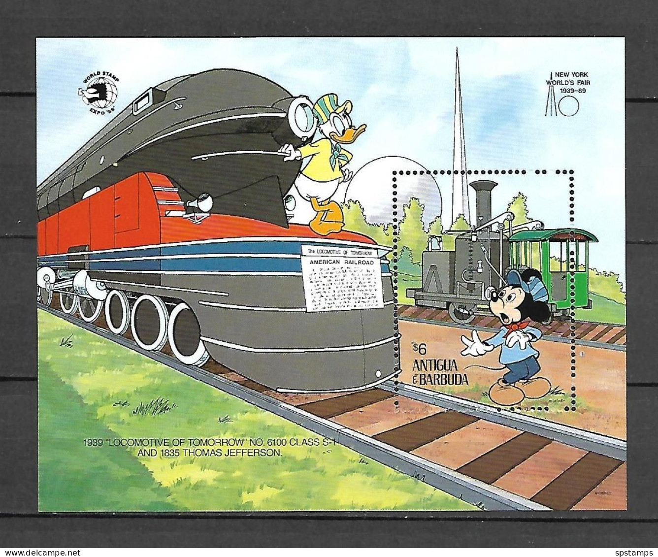 Disney Antigua & Barbuda 1989 Train - Donald - Mickey MS MNH - Disney