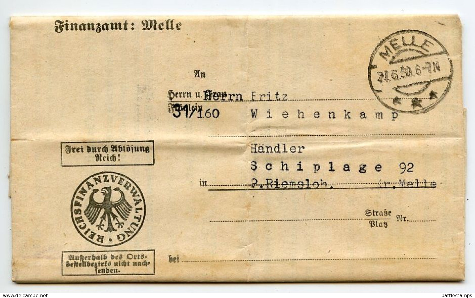 Germany 1930 Official Folded Document Cover; Melle - Finanzamt (Tax Office); Einkommensteuerbescheid (Income Tax Notice) - Briefe U. Dokumente