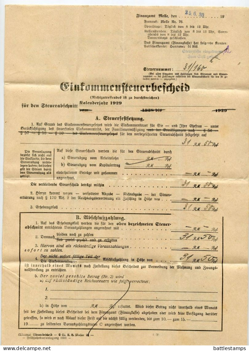 Germany 1930 Official Folded Document Cover; Melle - Finanzamt (Tax Office); Einkommensteuerbescheid (Income Tax Notice) - Briefe U. Dokumente