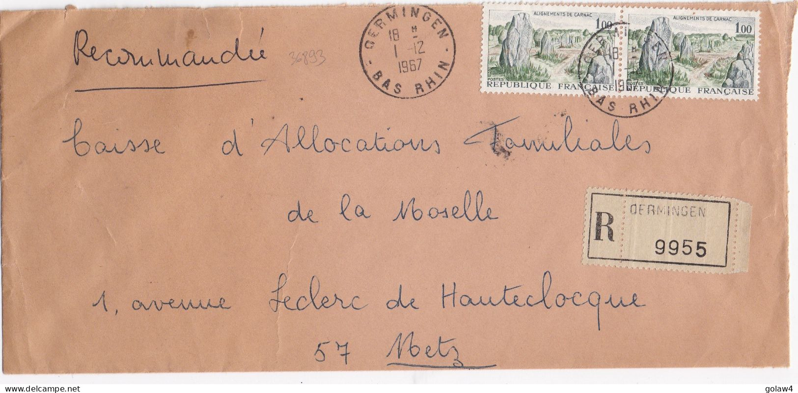 36893# LETTRE FRANCHISE POSTALE PARTIELLE RECOMMANDE Obl OERMINGEN BAS RHIN 1967 METZ MOSELLE - 1961-....