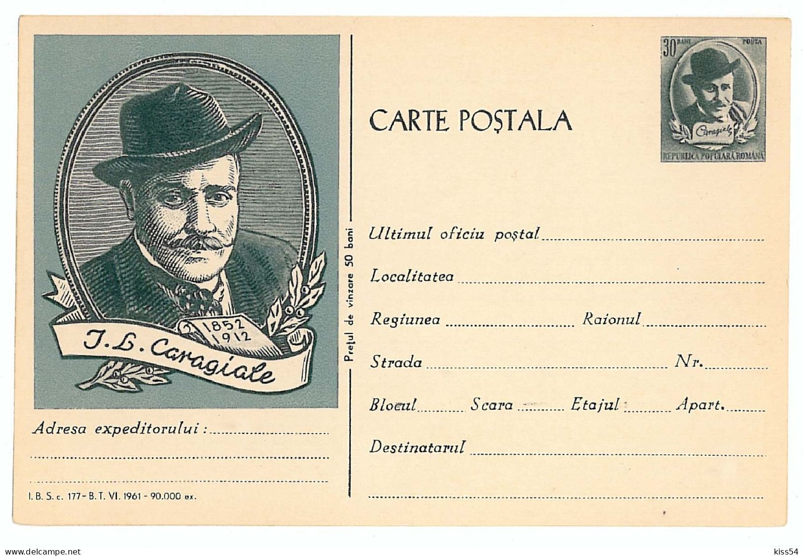 IP 61 C - 177c Ion LUCA CARAGIALE, Writer, Romania - Stationery - Unused - 1961 - Postal Stationery