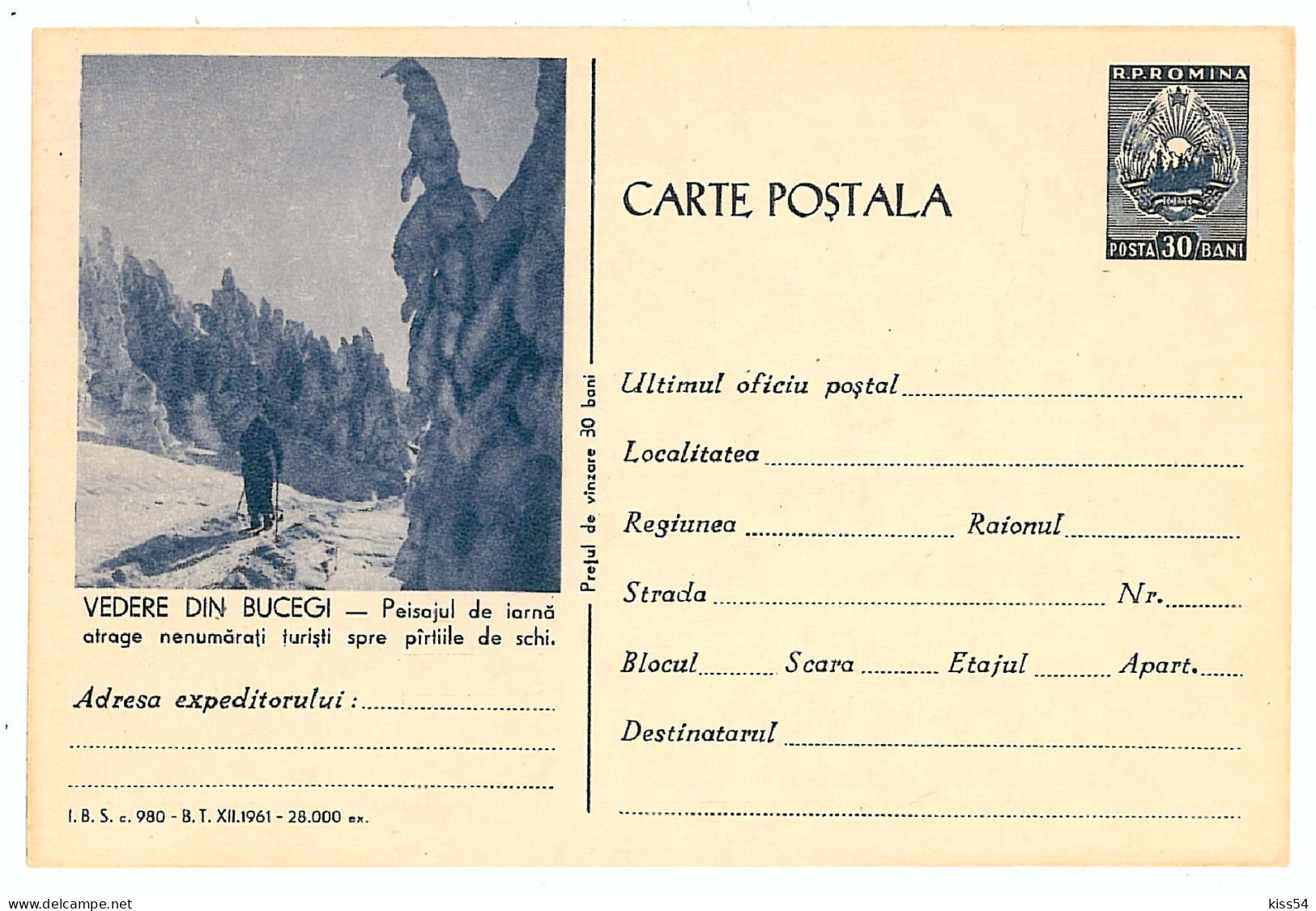 IP 61 C - 980ja-a SKI, Bucegi Mountain, Romania - Stationery - Unused - 1961 - Postwaardestukken