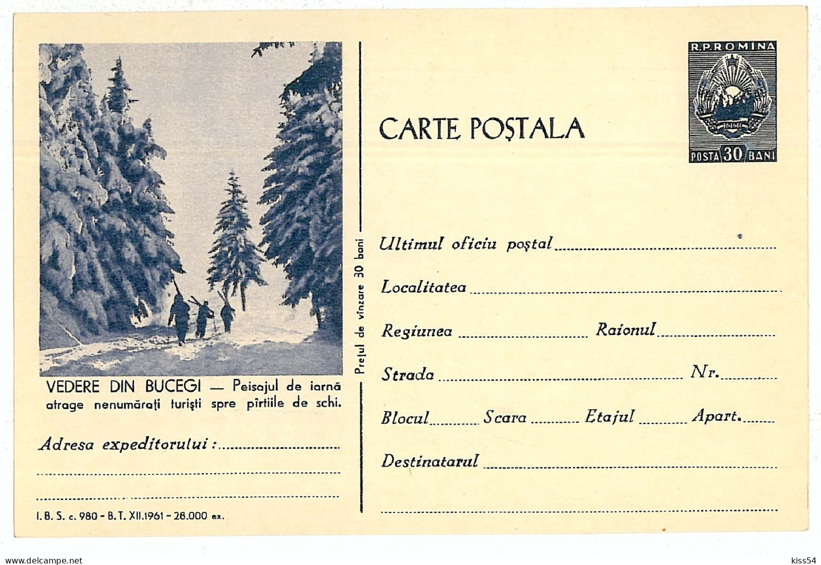 IP 61 C - 980r SKI, Bucegi Mountain, Romania - Stationery - Unused - 1961 - Postwaardestukken