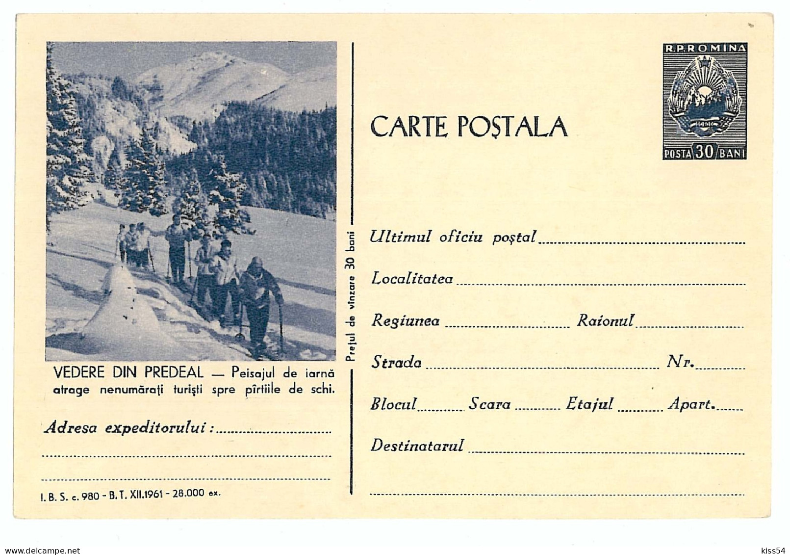 IP 61 C - 980-a SKI, Predeal, Romania - Stationery - Unused - 1961 - Postal Stationery