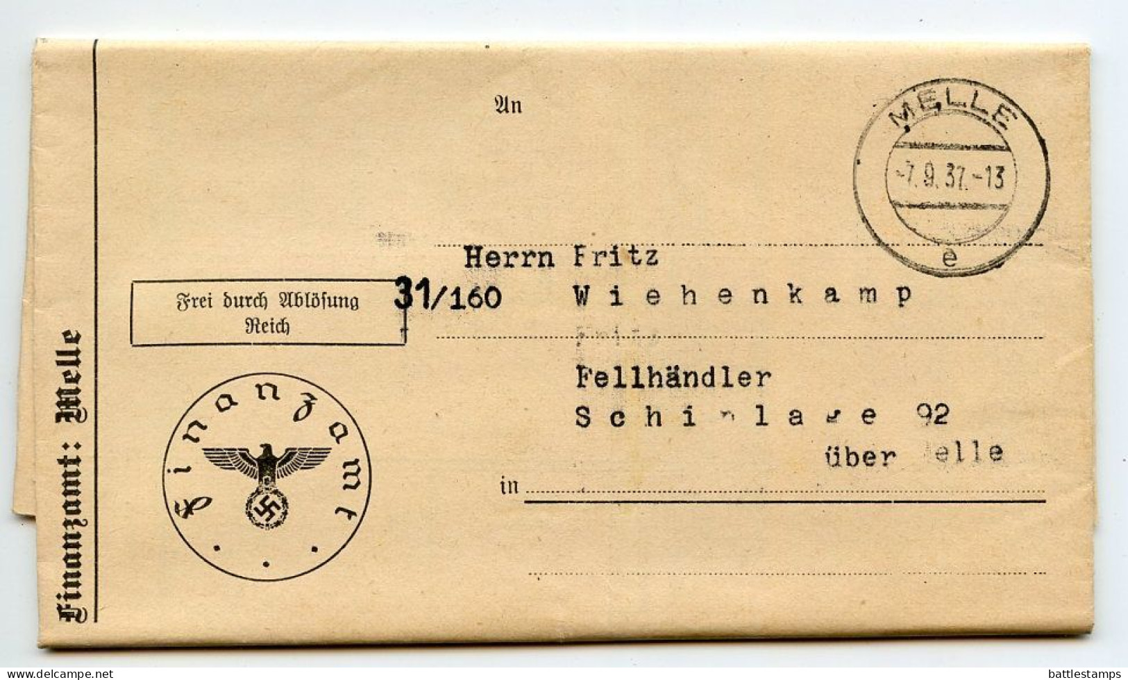 Germany 1937 Official Folded Document Cover; Melle - Finanzamt (Tax Office); Einkommensteuerbescheid (Income Tax Notice) - Covers & Documents