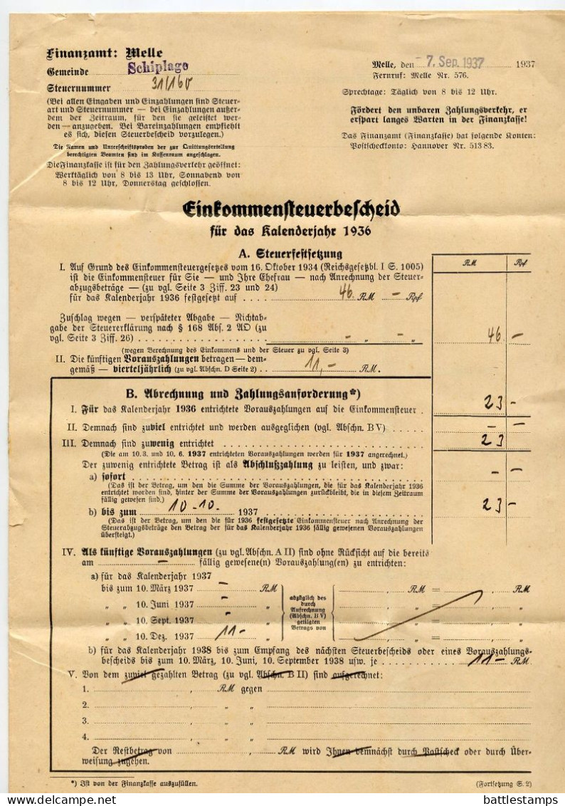 Germany 1937 Official Folded Document Cover; Melle - Finanzamt (Tax Office); Einkommensteuerbescheid (Income Tax Notice) - Covers & Documents