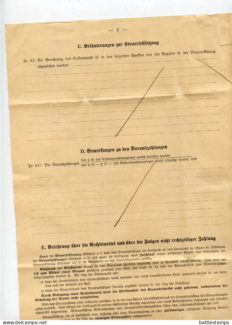 Germany 1937 Official Folded Document Cover; Melle - Finanzamt (Tax Office); Einkommensteuerbescheid (Income Tax Notice) - Covers & Documents