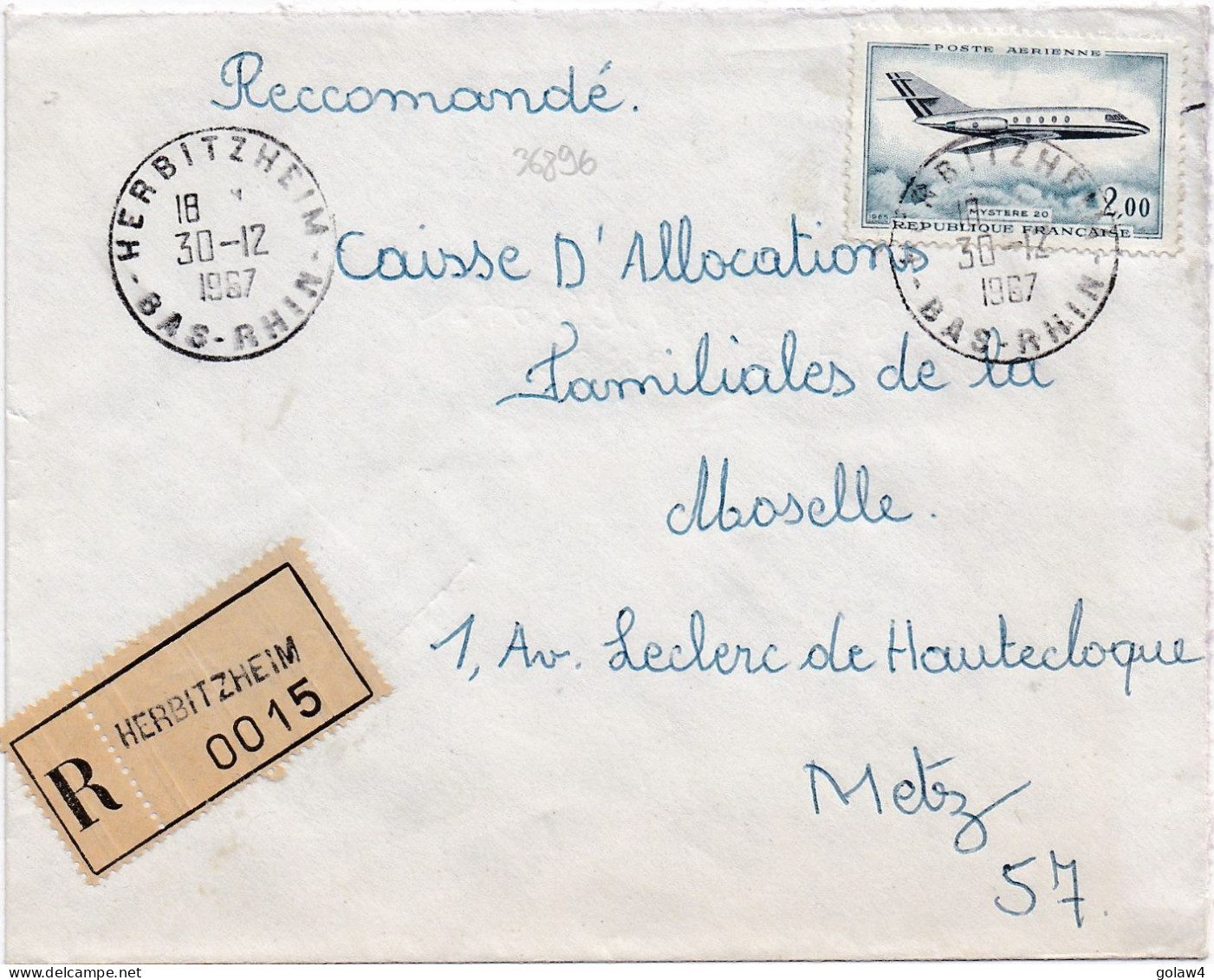 36896# LETTRE FRANCHISE POSTALE PARTIELLE RECOMMANDE Obl HERBITZHEIM BAS RHIN 1967 METZ MOSELLE - 1961-....