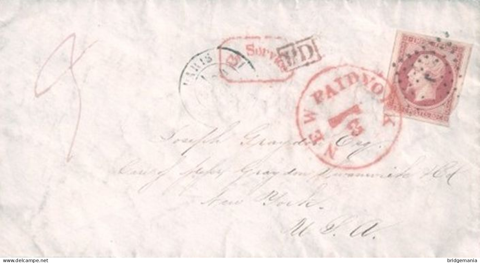 MTM134 - 1859 TRANSATLANTIC LETTER FRANCE TO USA Steamer EUROPA CUNARD - PAID - Marcophilie