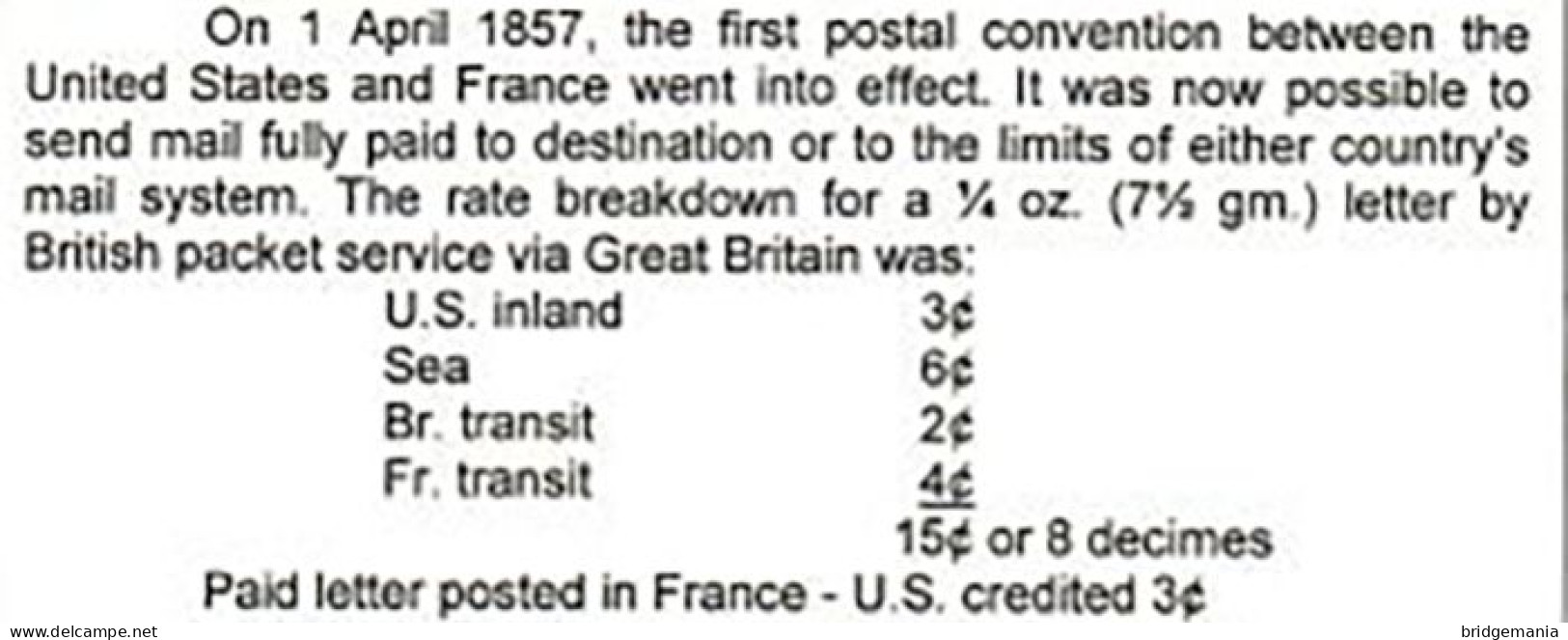 MTM134 - 1859 TRANSATLANTIC LETTER FRANCE TO USA Steamer EUROPA CUNARD - PAID - Marcophilie