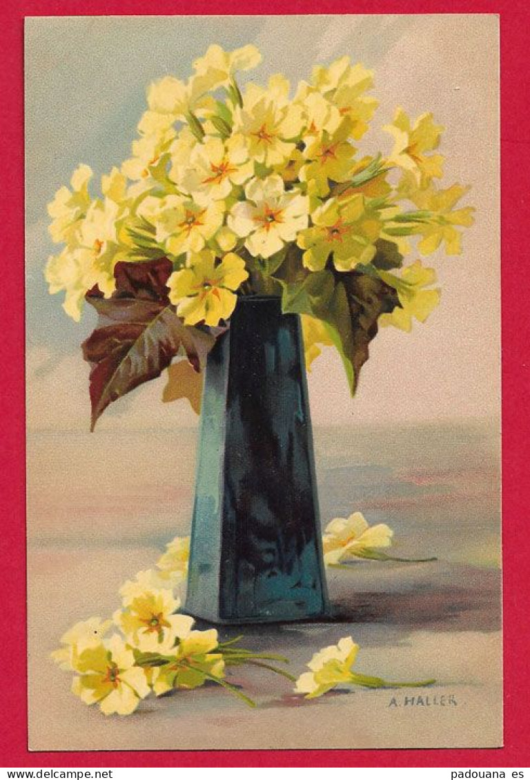 AC932 FANTAISIES FLEURS PRIMEVERES VASE STYLE ART DECO ILLUSTRATEUR A HALLER EDITION MB SERIE1819 REF:AC932  * - Fleurs