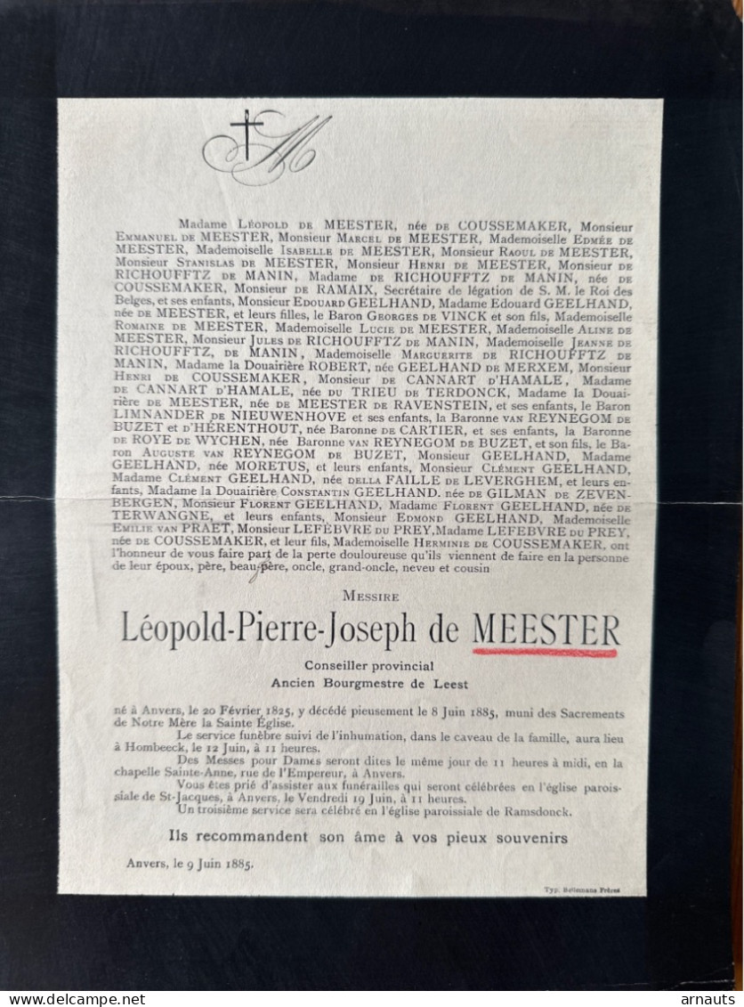 Messire Leopold De Meester Bourgmestre Leest *1825 Anvers +1885 Anvers Hombeek Ramsdonk De Coussemaker Cannart D’Hamale - Esquela