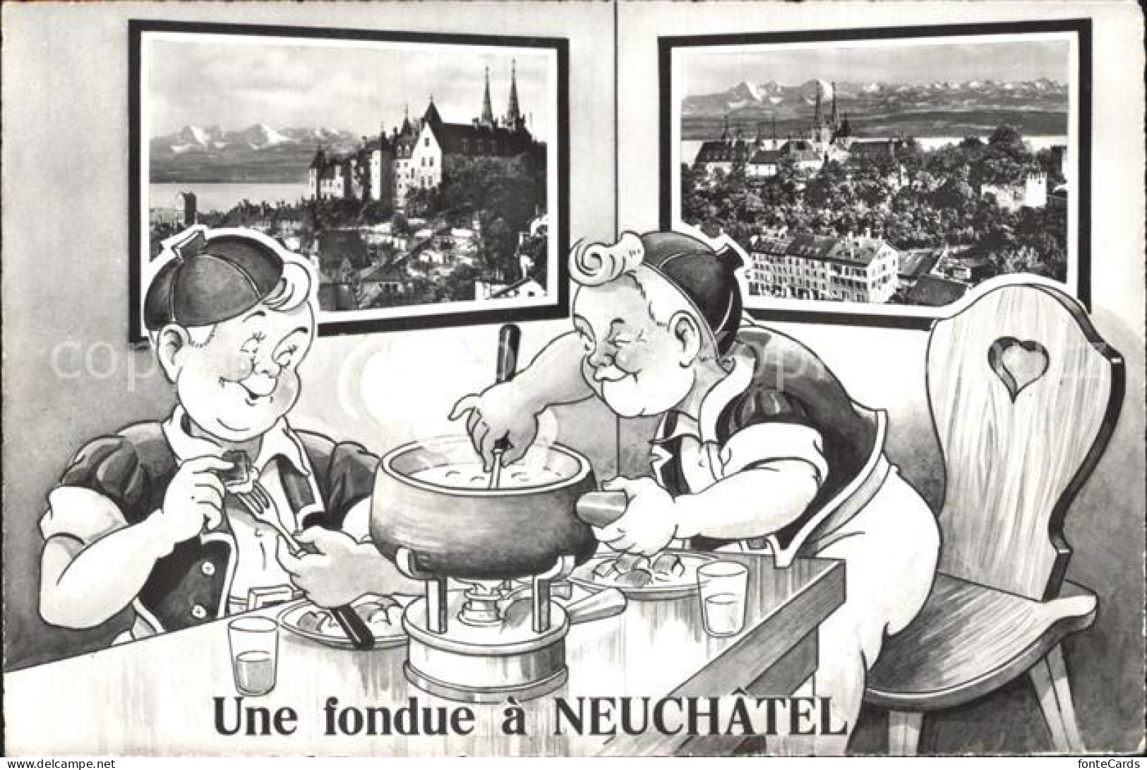 12314932 Neuchatel NE Vue Generale Et Les Alpes Chateau Fondue Karikatur Neuchât - Other & Unclassified