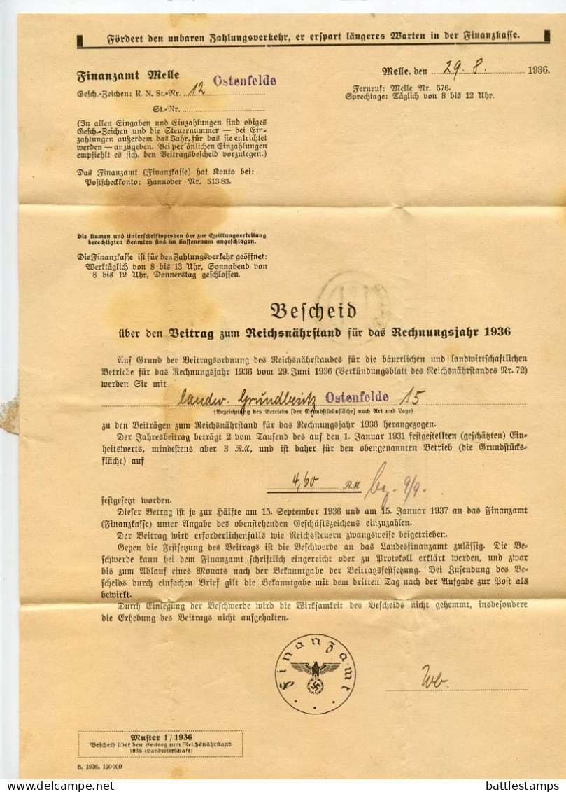 Germany 1936 Official Folded Document Cover; Melle - Finanzamt (Tax Office); Beitrag Zum Reichsnährstand - Covers & Documents