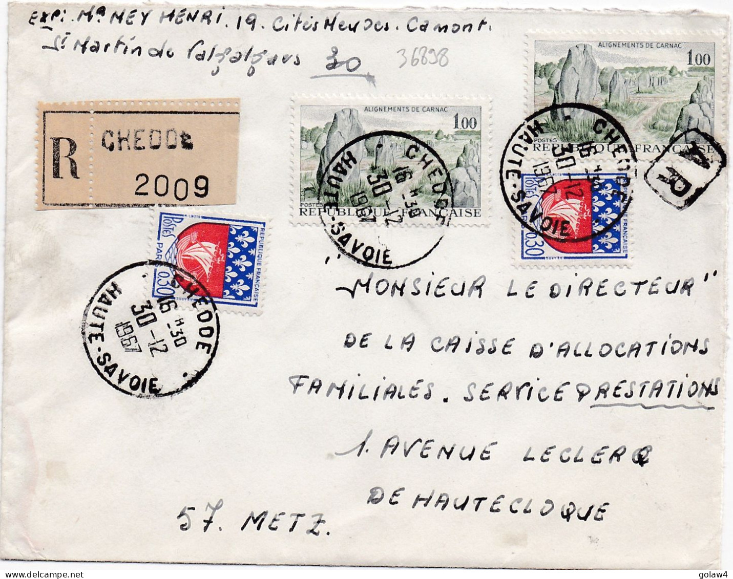 36898# LETTRE FRANCHISE POSTALE PARTIELLE RECOMMANDE Obl CHEDDE HAUTE SAVOIE 1967 METZ MOSELLE - 1961-....