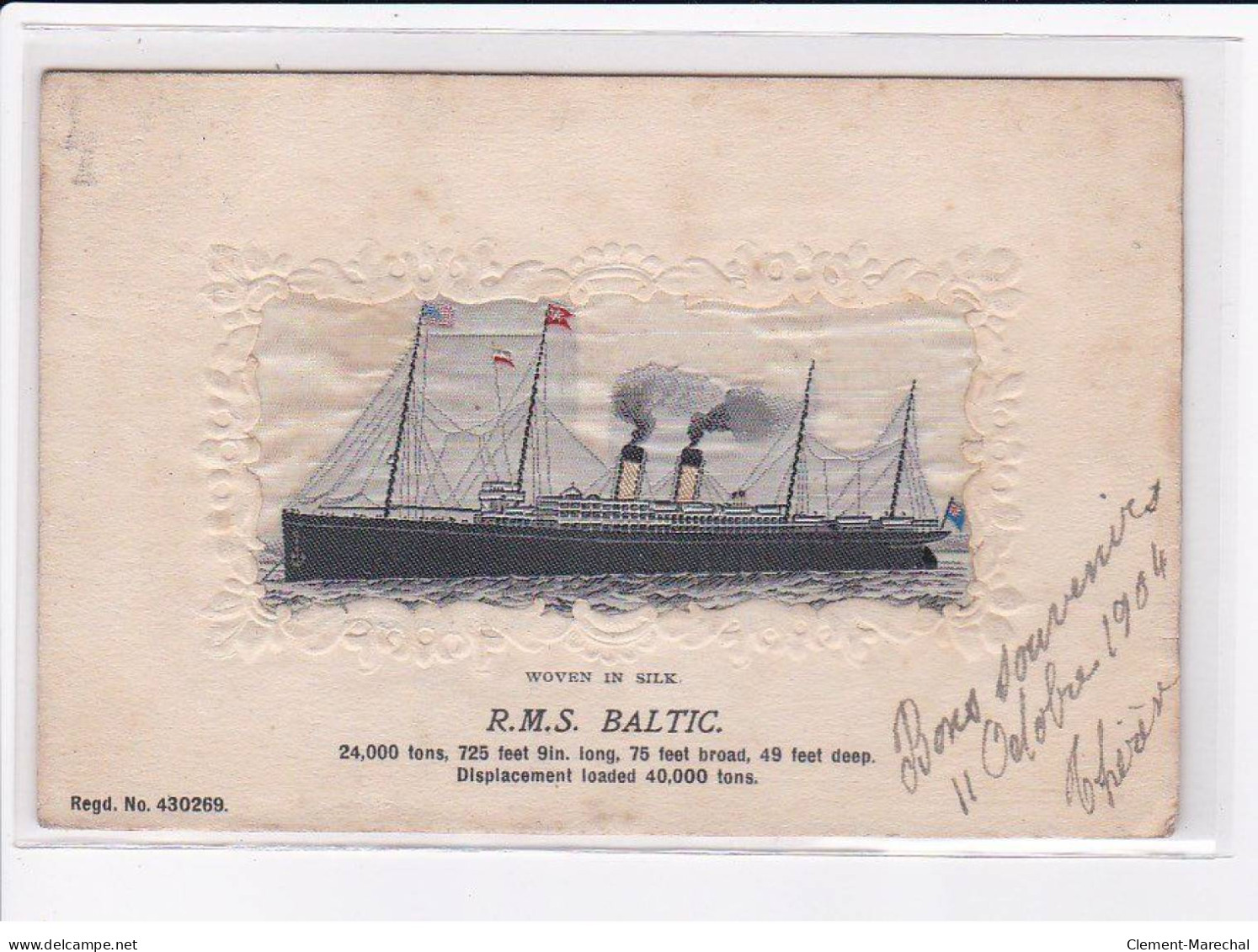 BATEAUX : Carte Sur Soie Du Paquebot RMS BALTIC (embored - Brodée)- Très Bon état - Paquebote