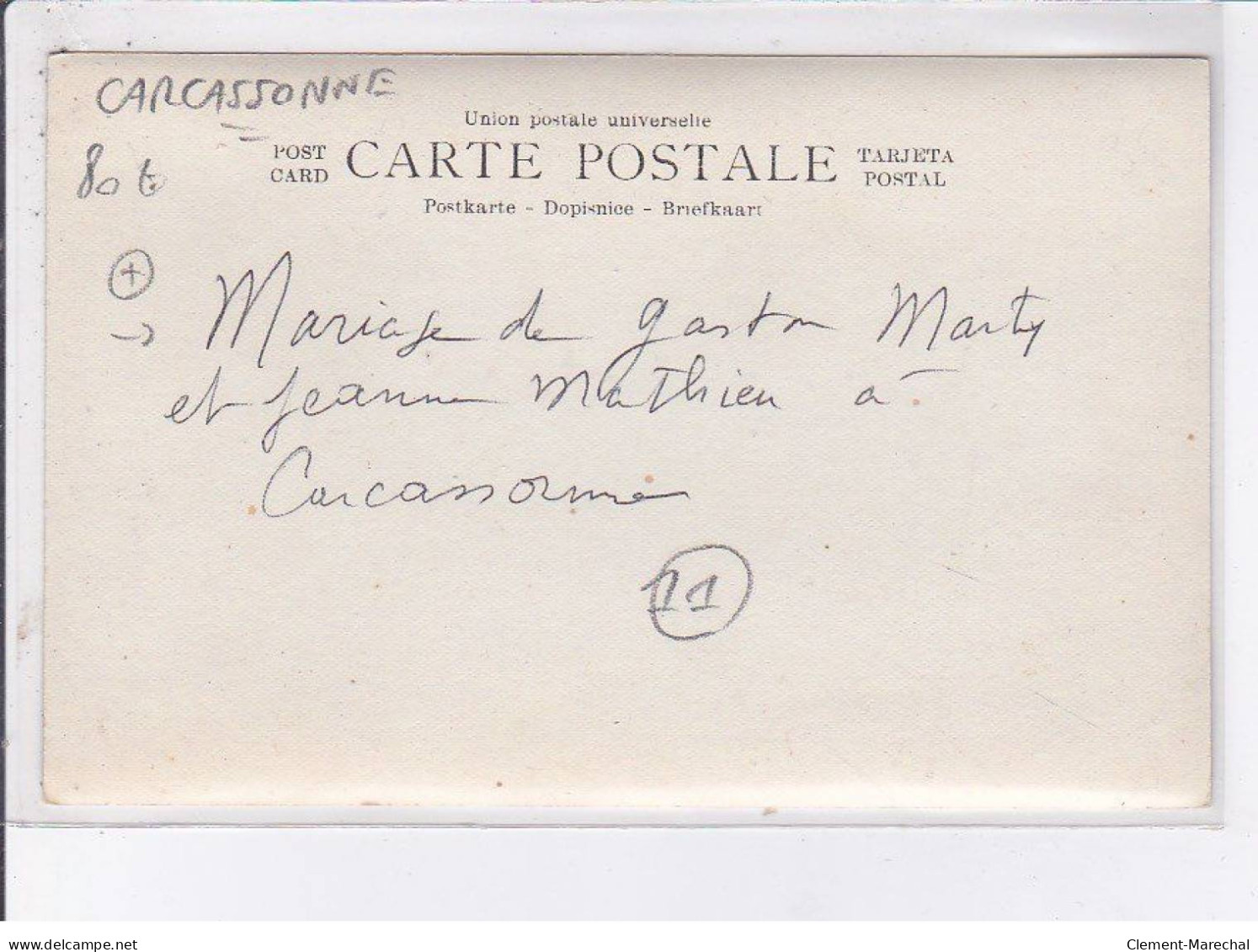 CARCASSONNE: Mariage De Gaston Marty Et Jeanne Mathieu - Très Bon état - Carcassonne