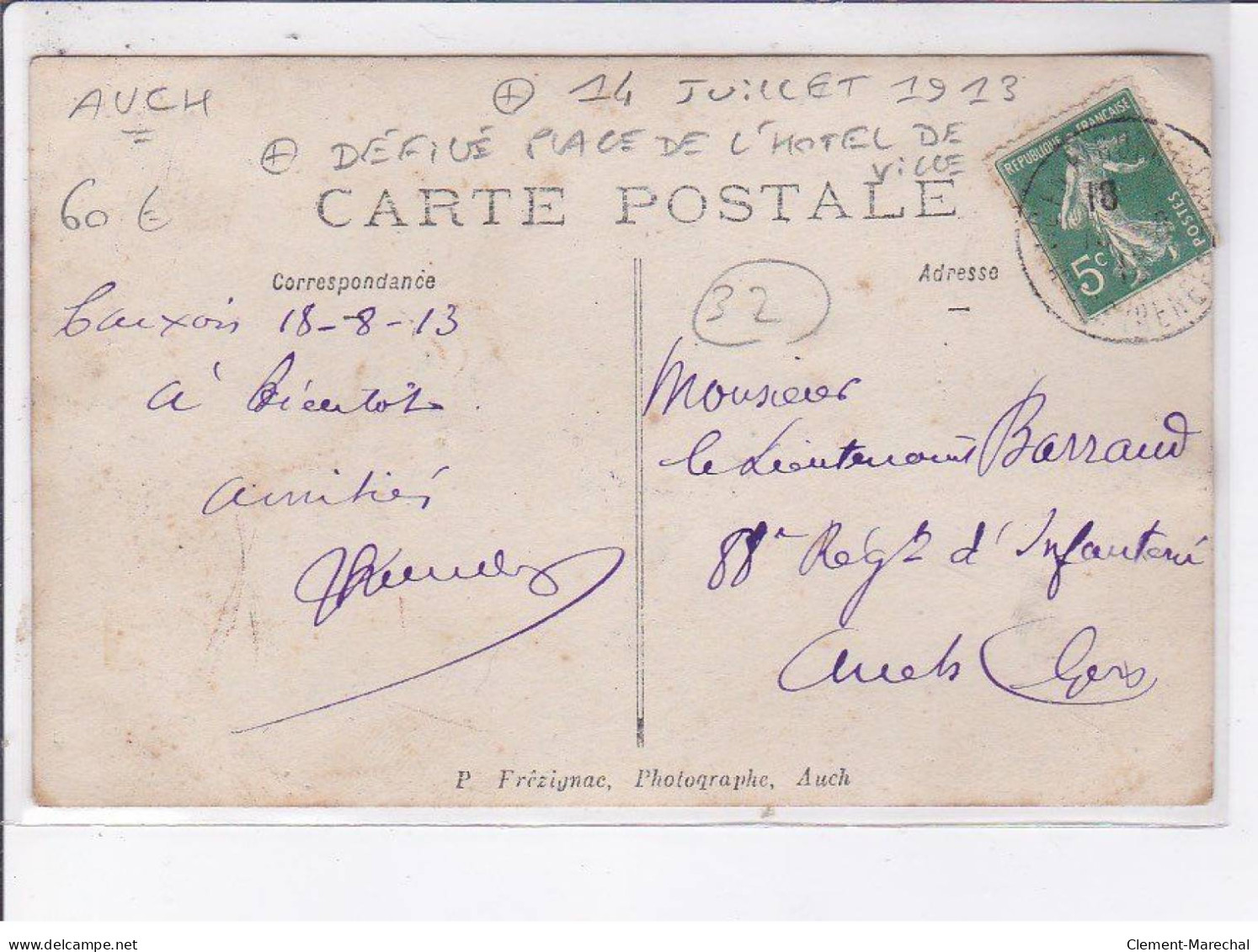 AUCH: 14 Juillet 1913, Défilé Place De L'hôtel De Ville, Coiffeur - Très Bon état - Auch