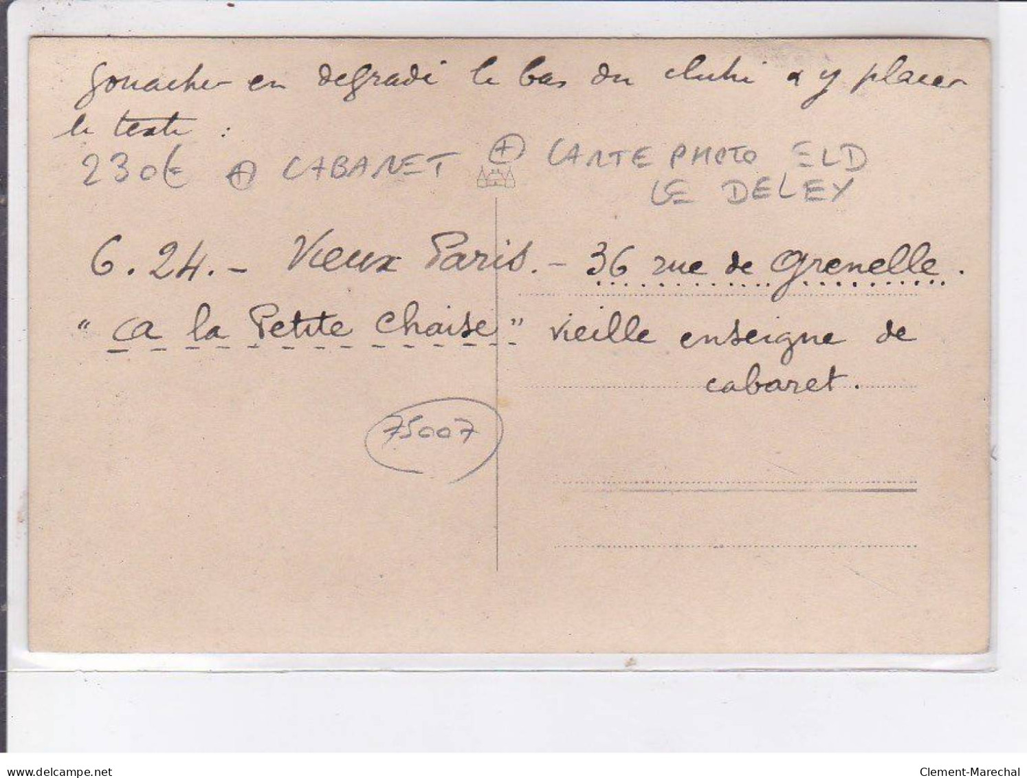 PARIS: 75007, Cabanet, Carte Photo Eld Le Deley, Café Bar Restaurant, La Petite Chaise - Très Bon état - Arrondissement: 07