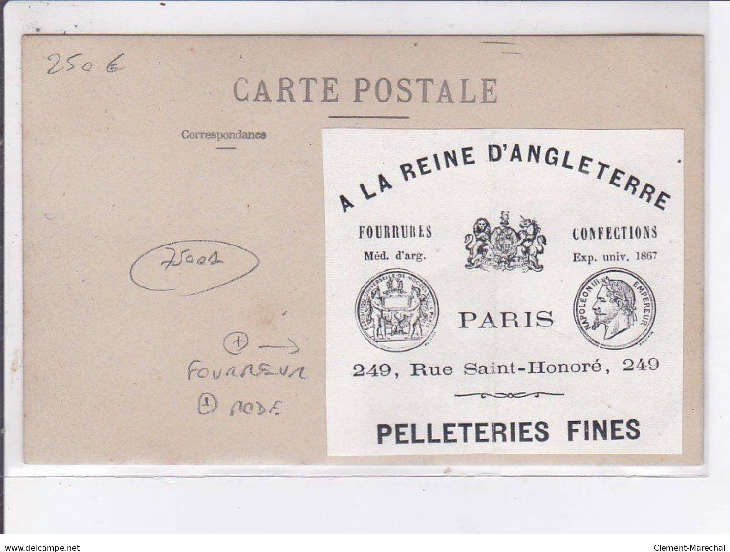 PARIS: 75001, Fourreur, Mode, A La Reine D'angleterre, 249 Rue Saint-honoré, Pelleteries Fines - Très Bon état - District 01