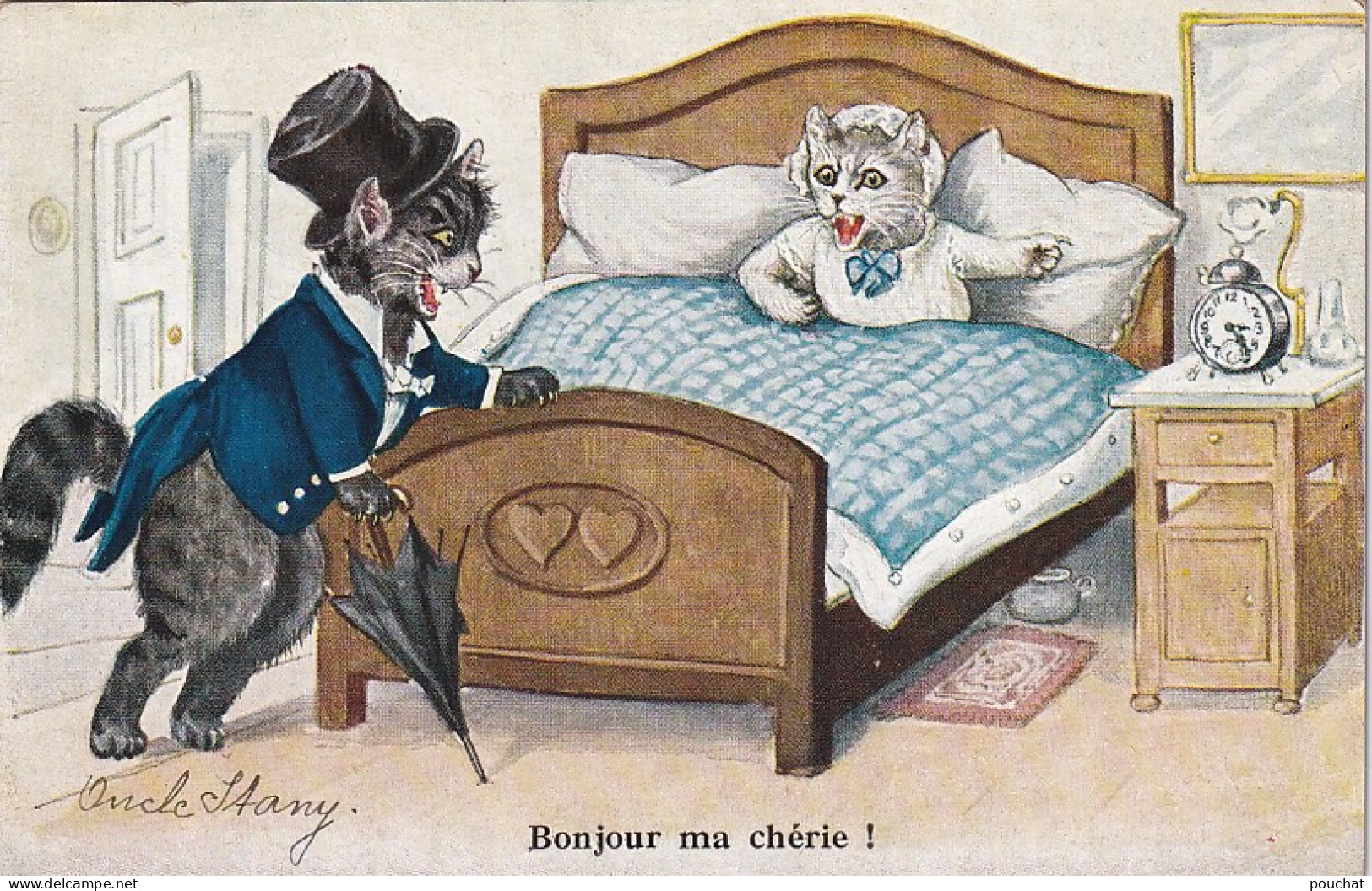 UR Nw41- " BONJOUR MA CHERIE " - CHAT HUMANISE AVINE AVEC HAUT DE FORME ET CHATTE EN COLERE - ILLUSTRATEUR - Chats