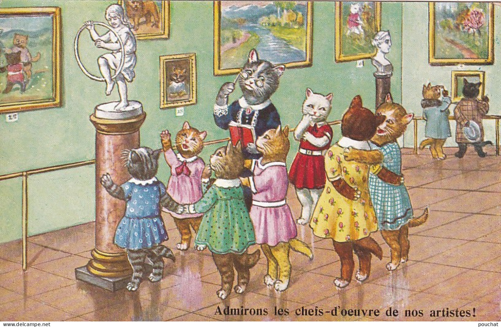 UR Nw41- " ADMIRONS LES CHEFS D'OEUVRE " - GROUPE DE CHATTES HUMANISEES AVEC MAITRESSE DANS MUSEE - ILLUSTRATEUR - Chats