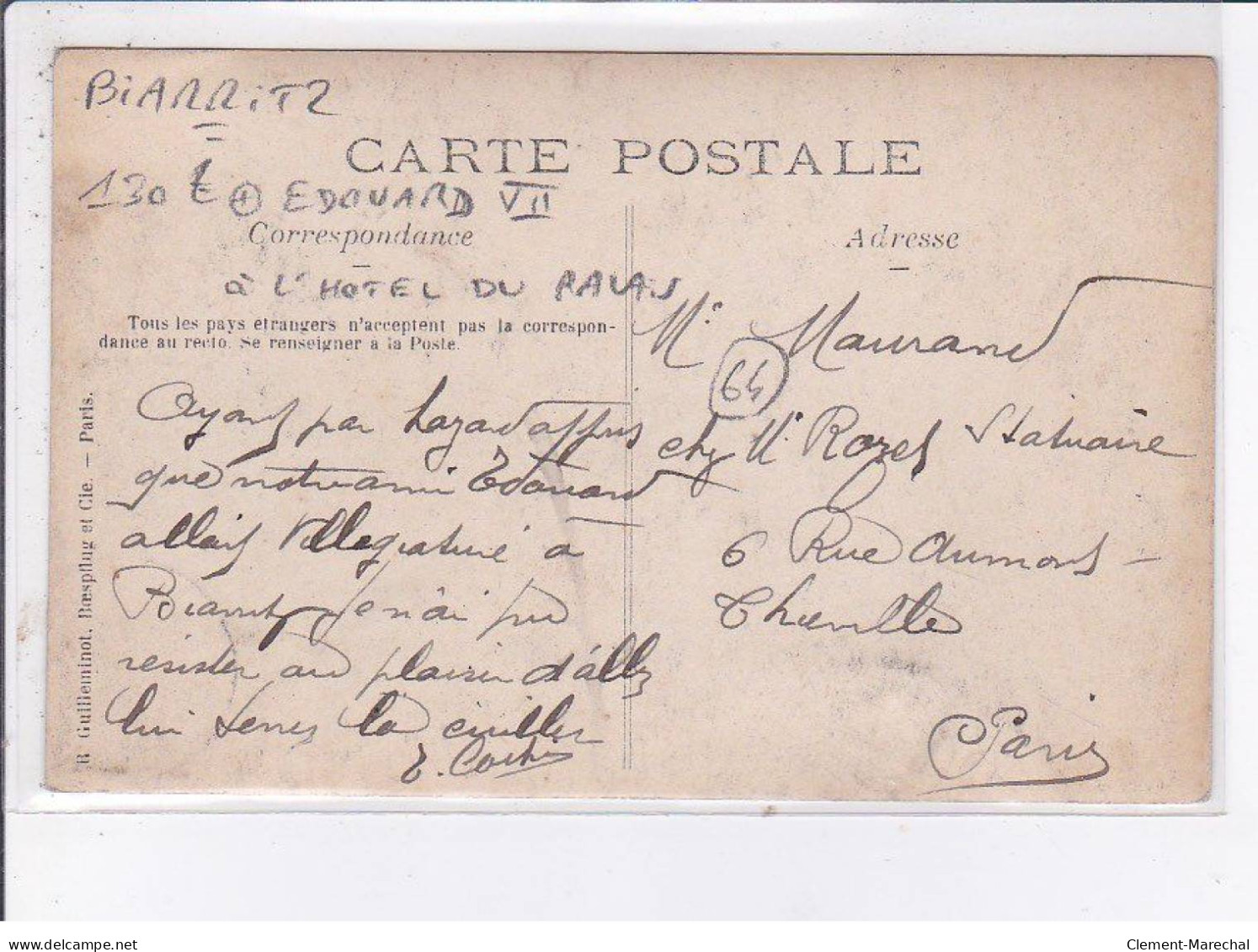 BIARRITZ: D'Edouard VII Le Roi D'angleterre à L'hôtel Du Palais - Très Bon état - Biarritz