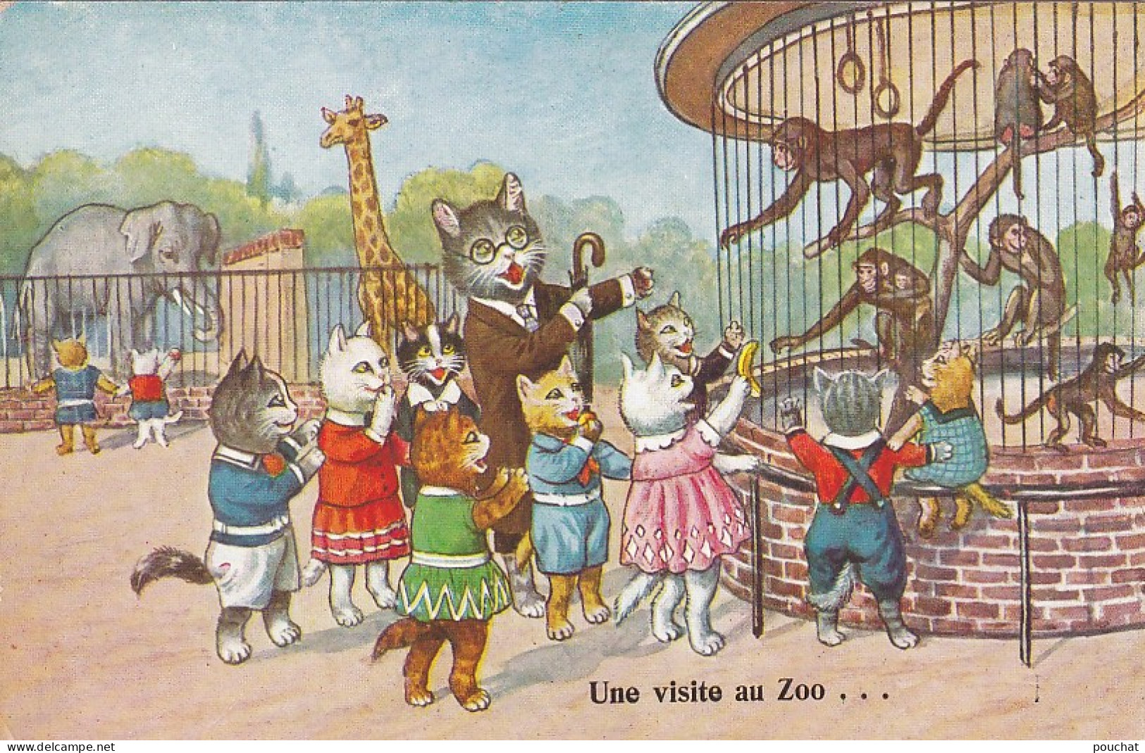 UR Nw41- " UNE VISITE AU ZOO " -  GROUPE DE CHATONS HUMANISES DEVANT LA CAGE DES SINGES - ILLUSTRATEUR - Chats