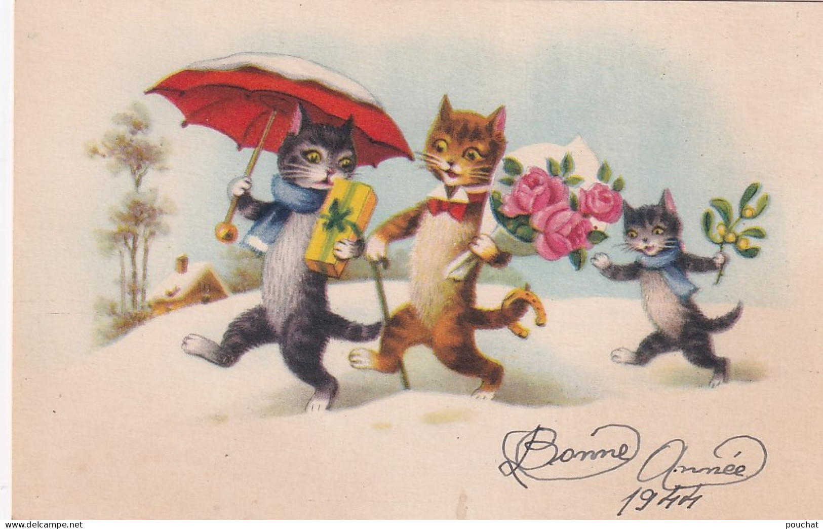 UR Nw41- " BONNE ANNEE " - FAMILLE DE CHATS HUMANISES AVEC FLEURS , GUI ET CADEAU - New Year